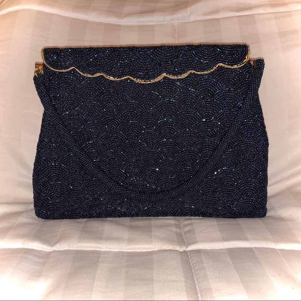1950’s FORMAL PURSE DARK BLUE BEADED EVENING BAG - Picture 2 of 8